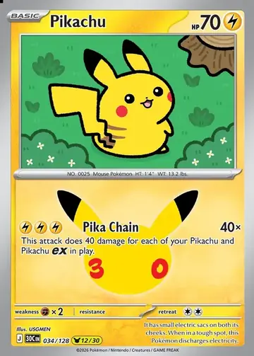 Pikachu 12/30 30th Celebration Pok&eacute;mon TCG 034/128