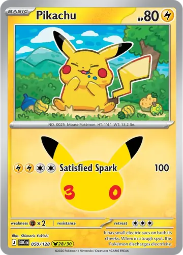 Pikachu 28/30 30th Celebration Pok&eacute;mon TCG 050/128