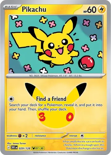 Pikachu 07/30 30th Celebration Pok&eacute;mon TCG 029/128