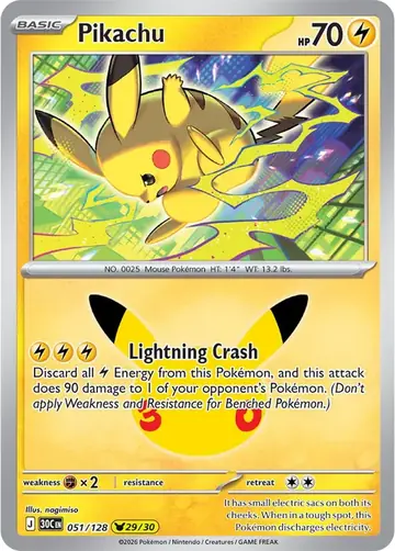 Pikachu 29/30 30th Celebration Pok&eacute;mon TCG 051/128