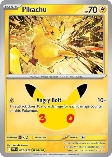 Pikachu 30/30 30th Celebration Pok&eacute;mon TCG 052/128