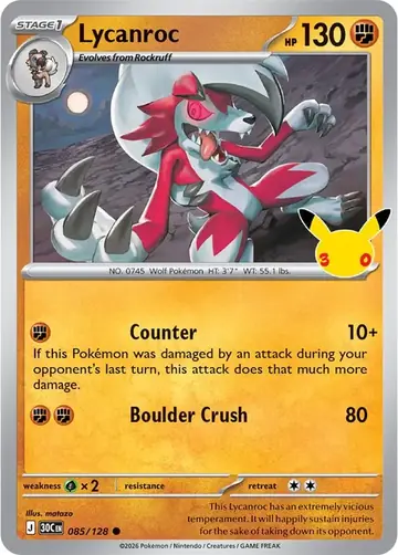 Lycanroc 30th Celebration Pok&eacute;mon TCG 085/128