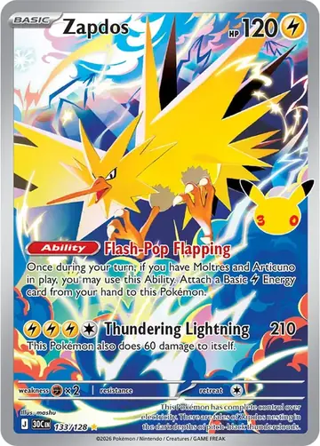 Zapdos 30th Celebration Pok&eacute;mon TCG Secret Rare 133
