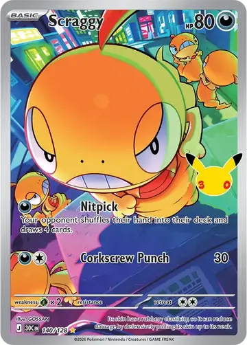 Scraggy 30th Celebration Pok&eacute;mon TCG Secret Rare 140