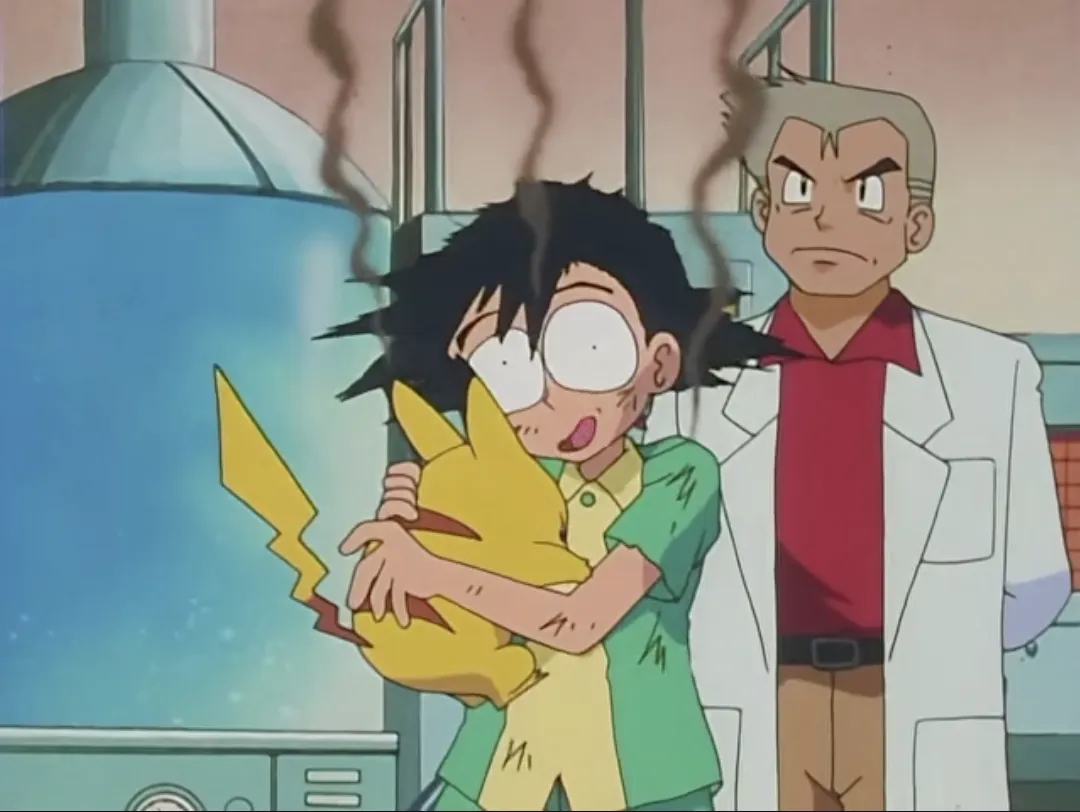 Ash meets Pikachu for the first time at Professor Oak's lab