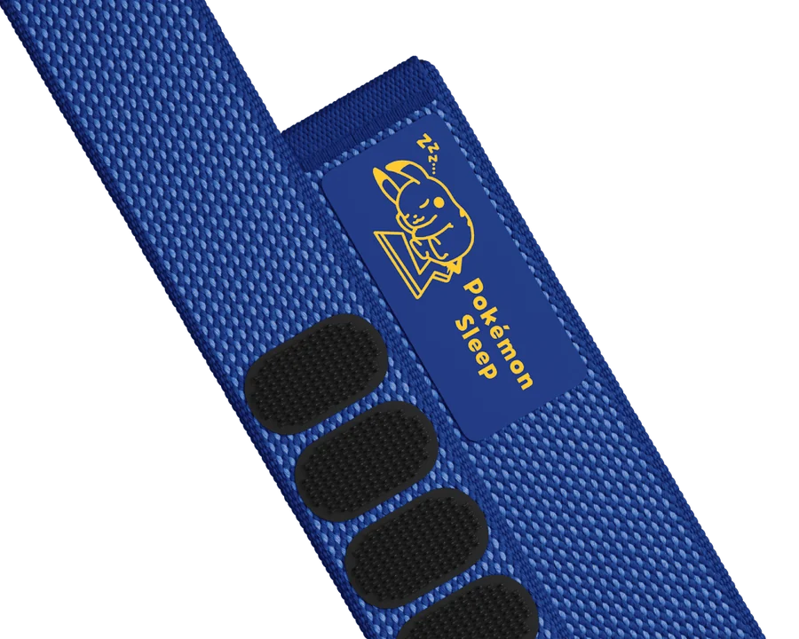 Close-up of the Sleepy Blue strap showing the silk-print sleeping Pikachu label and the Pokémon Sleep wordmark