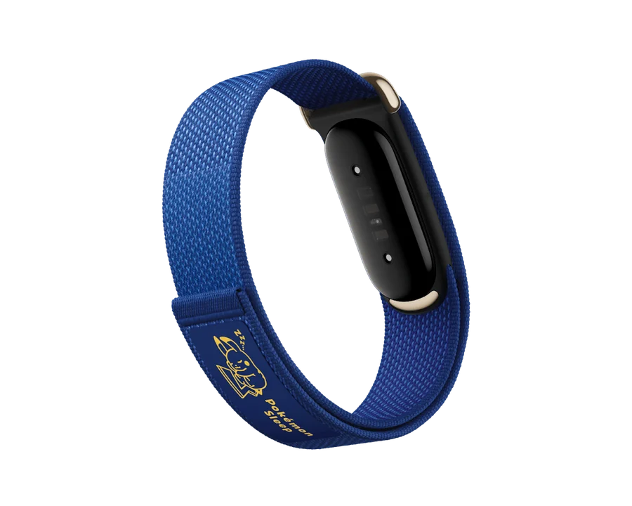 Google Fitbit Air Special Edition Pokémon Sleep — a woven Sleepy Blue loop band with a black screenless tracker and a sleeping Pikachu label on the strap