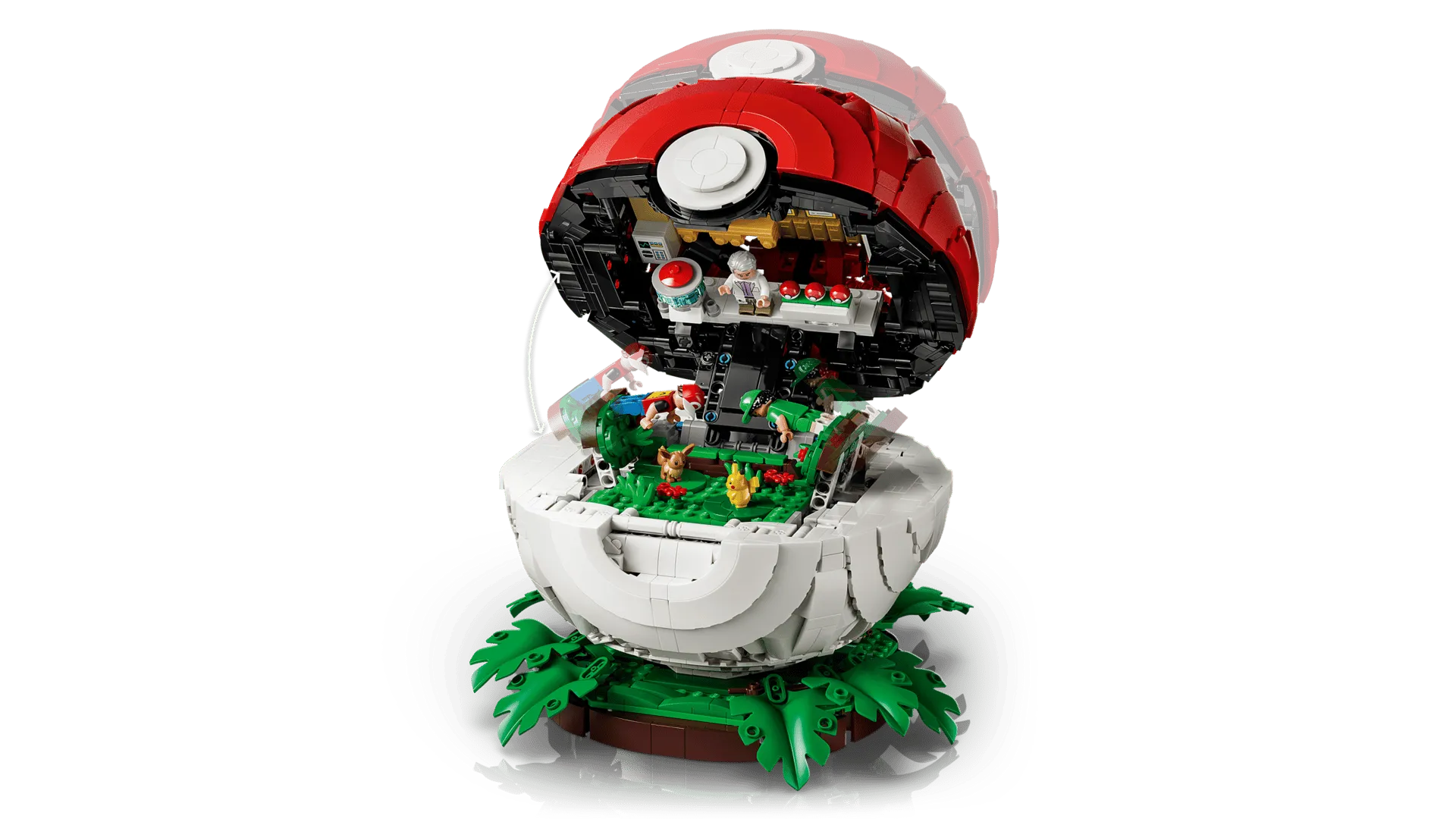LEGO Pokémon 72154 Iconic Trainer Moments Poké Ball opened, showing the battle scene and Professor Oak's laboratory inside