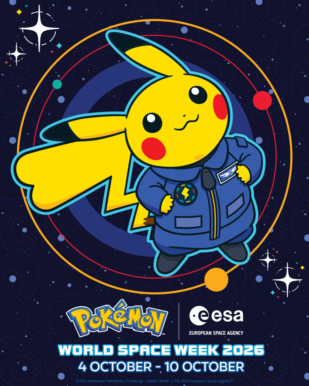 Key art of Pikachu in a blue ESA flight suit surrounded by orbit rings, with the Pokémon and ESA logos and the dates 4 October to 10 October 2026