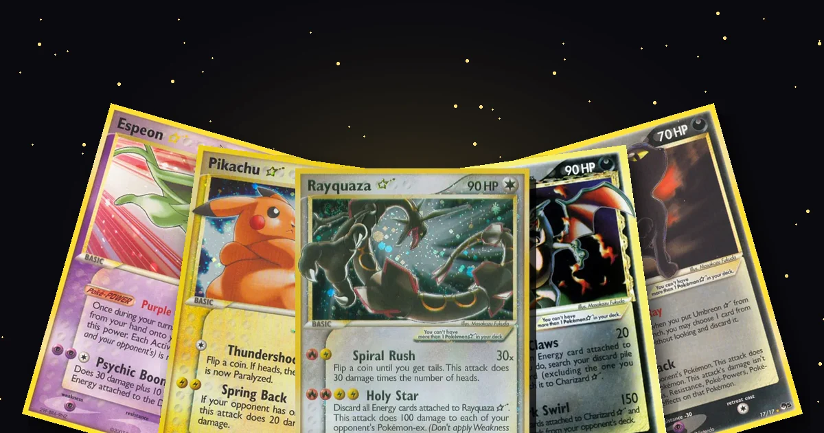 Five Gold Star Pokémon cards fanned out: Espeon, Pikachu, Rayquaza, Charizard and Umbreon