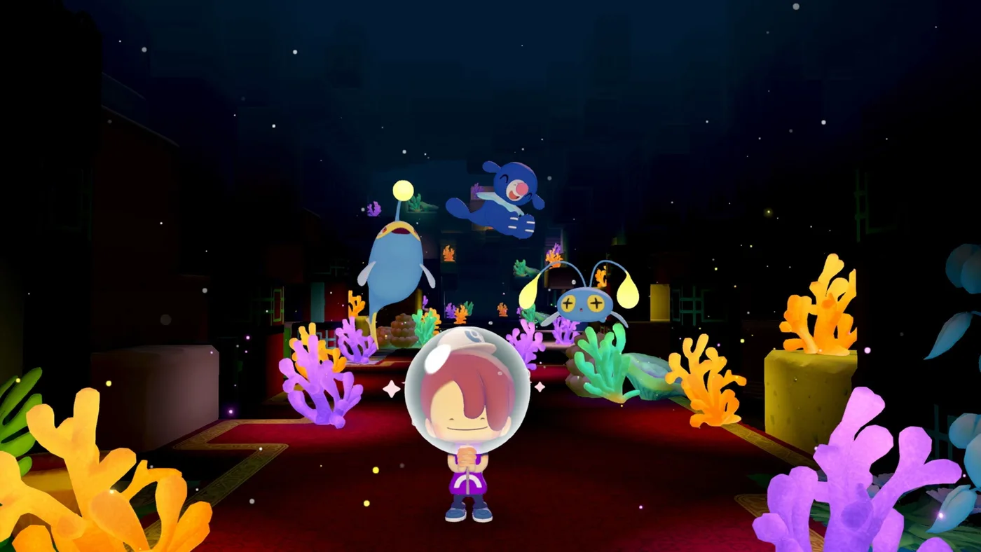 A deep hole in the Bubbly Basin sea floor lined with glowing coral