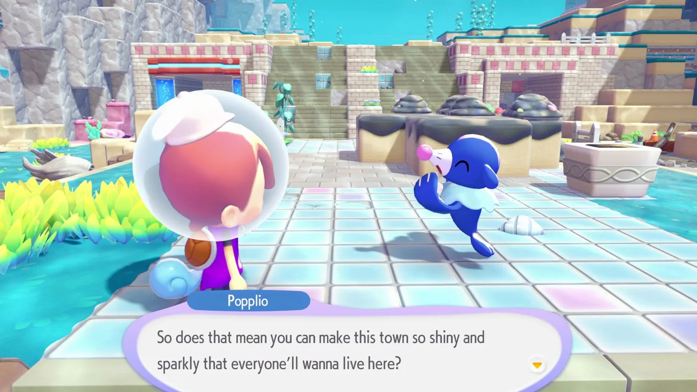 Popplio greeting the player at the entrance to Bubbly Basin
