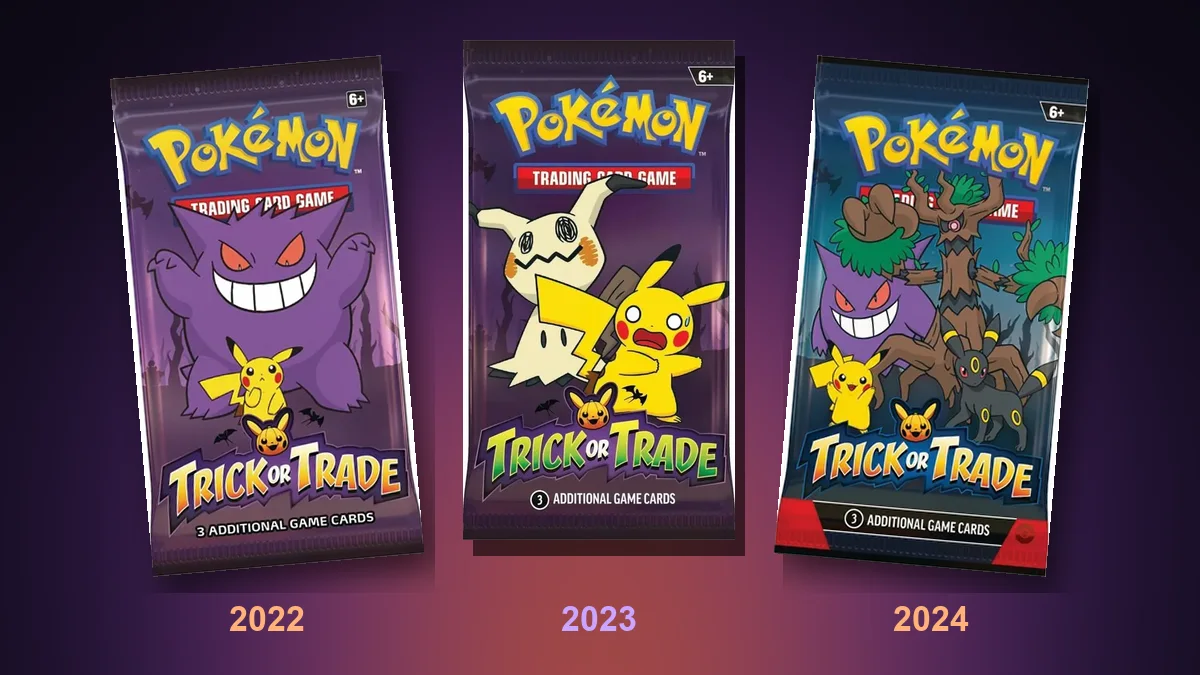 The 2022, 2023 and 2024 Trick or Trade mini booster packs side by side