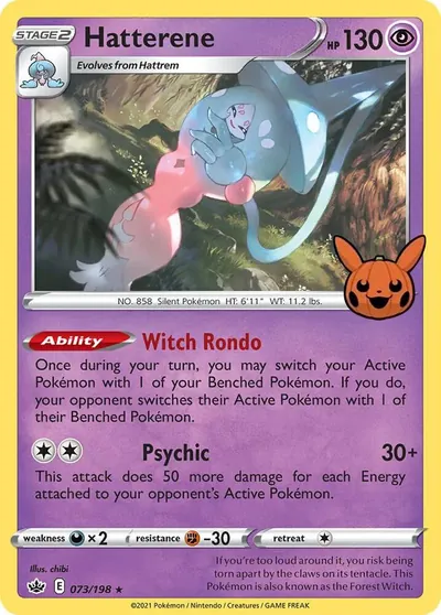 Trick or Trade stamped Hatterene 073/198 from Chilling Reign