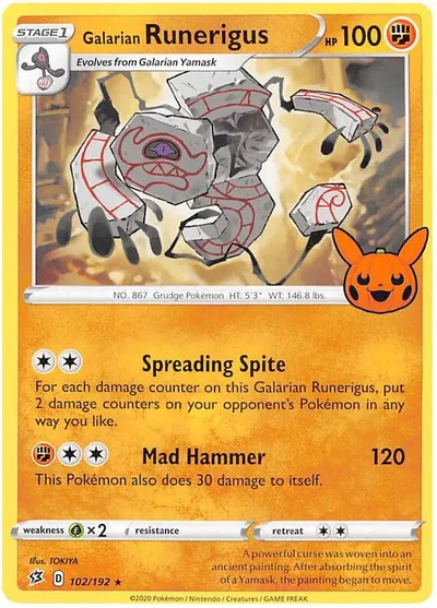 Trick or Trade stamped Galarian Runerigus 102/192 from Rebel Clash