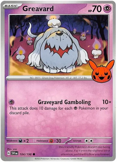 Trick or Trade stamped Greavard 104/198 from Scarlet & Violet