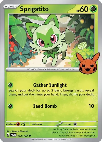 Trick or Trade stamped Sprigatito 012/193 from Paldea Evolved