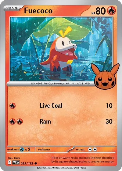 Trick or Trade stamped Fuecoco 023/182 from Paradox Rift