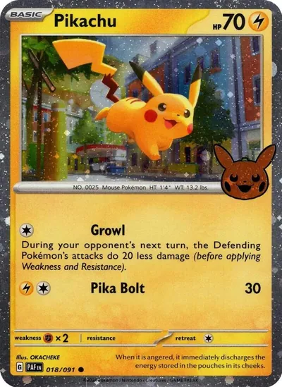 Trick or Trade stamped Pikachu 018/091 from Paldean Fates
