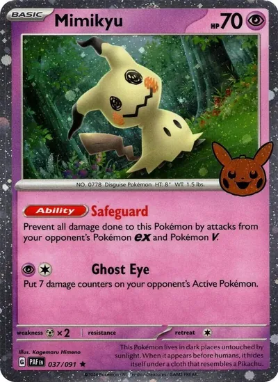 Trick or Trade stamped Mimikyu 037/091 from Paldean Fates