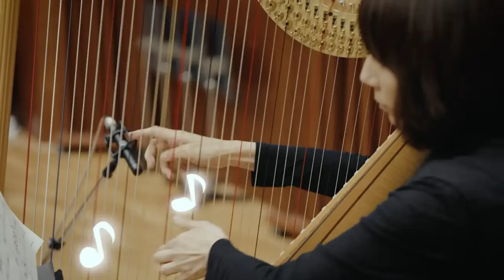 A harpist of the NHK Symphony Orchestra during the gentle opening of the main theme