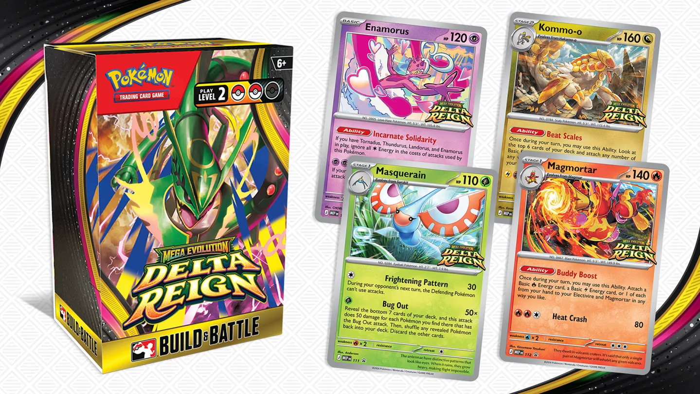 Delta Reign Build & Battle Box with its four prerelease promos: Enamorus, Kommo-o, Masquerain and Magmortar