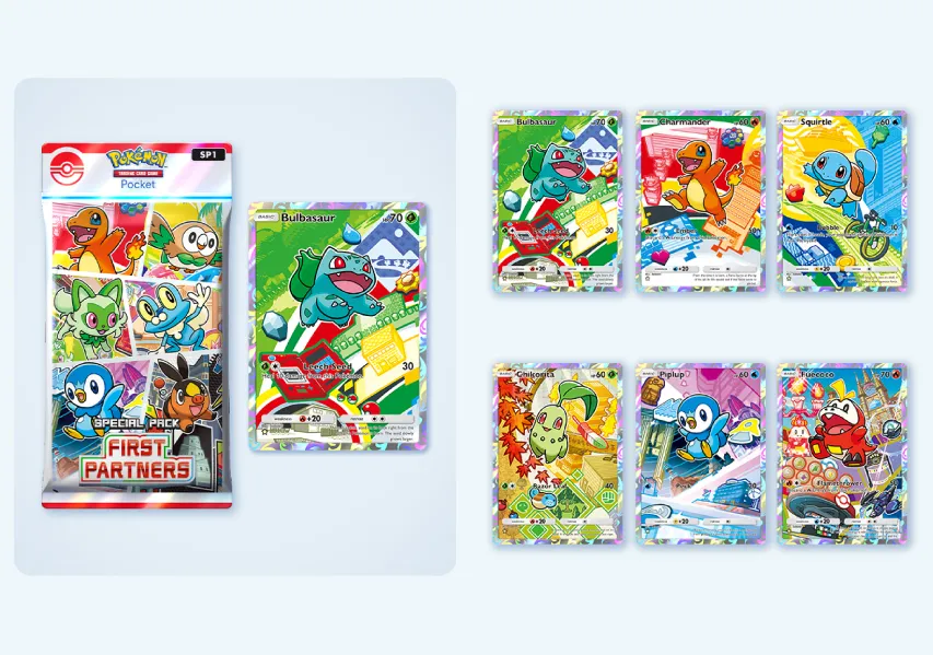 Special Pack: First Partners pack with Bulbasaur, Charmander, Squirtle, Chikorita, Piplup and Fuecoco cards